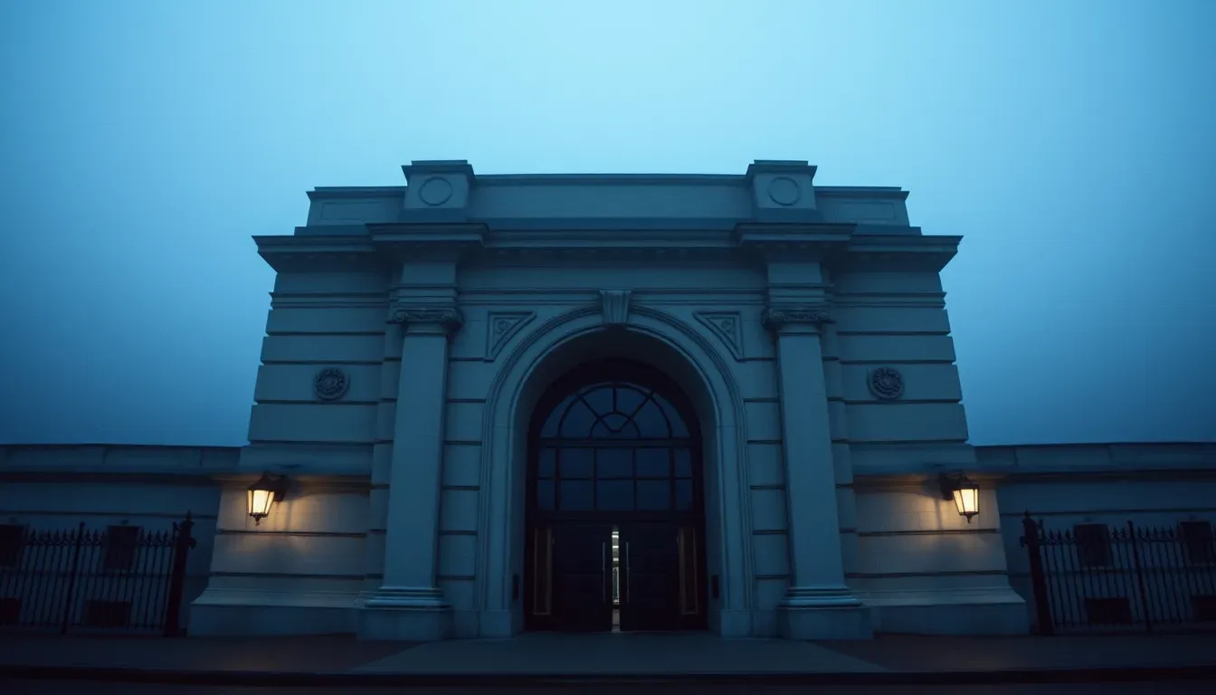 The carved stone doorway of a government building in fog, illustrating Split year treatment when you leave
