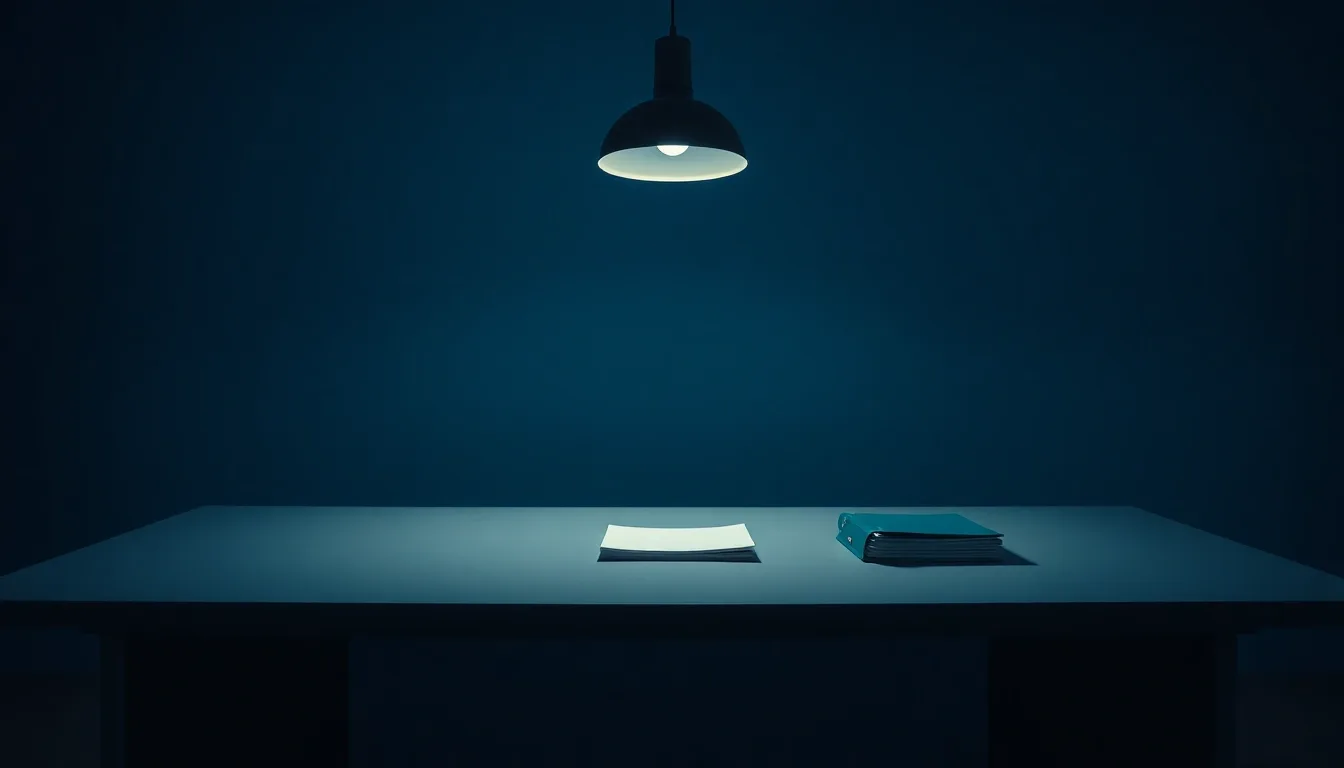 Closed folders stacked on a desk under a single lamp, illustrating former residents and state tax claims