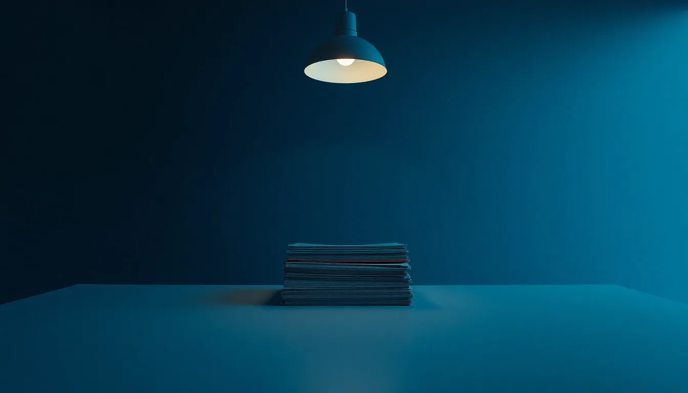 Closed folders stacked on a desk under a single lamp, illustrating state tax return with UK income
