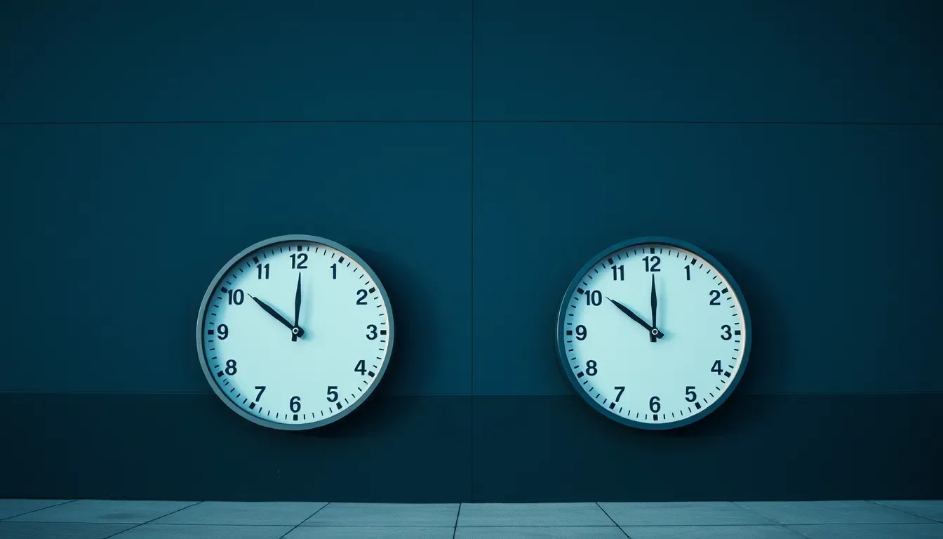 Two clocks on a dark wall showing different hours, illustrating statutory maternity pay and US tax