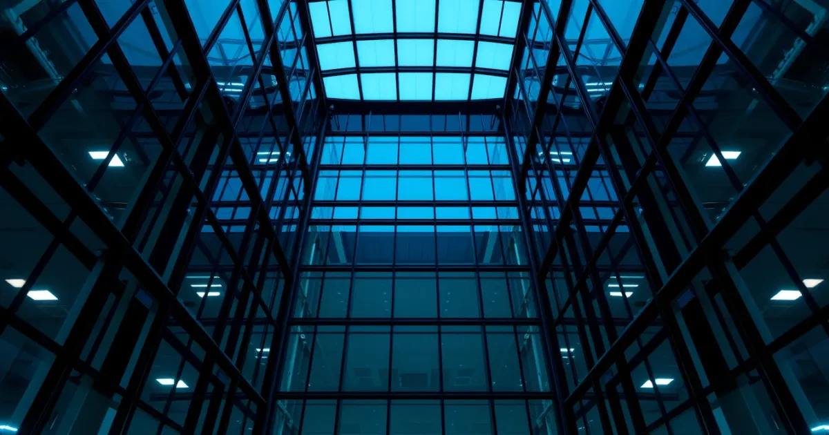 An empty steel and glass atrium seen from below, illustrating student loan forgiveness and living abroad