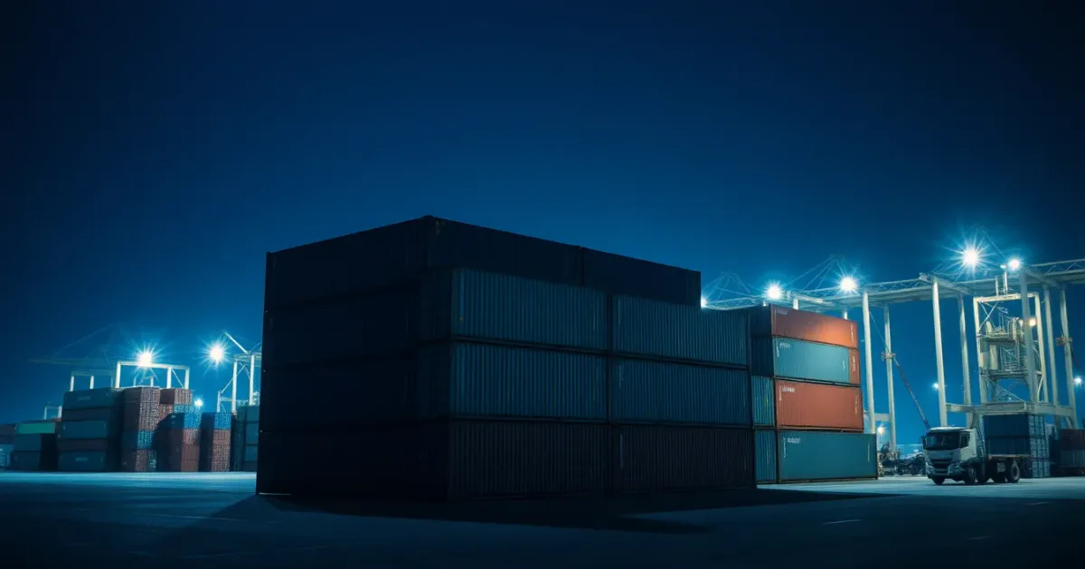 Stacked shipping containers under floodlight at night, illustrating tech contractor tax in the UK and US