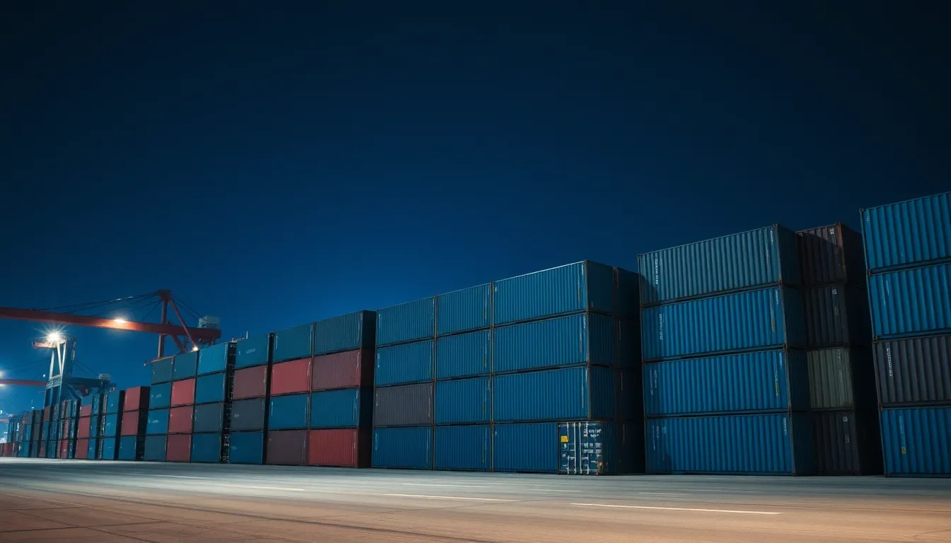 Stacked shipping containers under floodlight at night, illustrating tech contractor tax in the UK and US