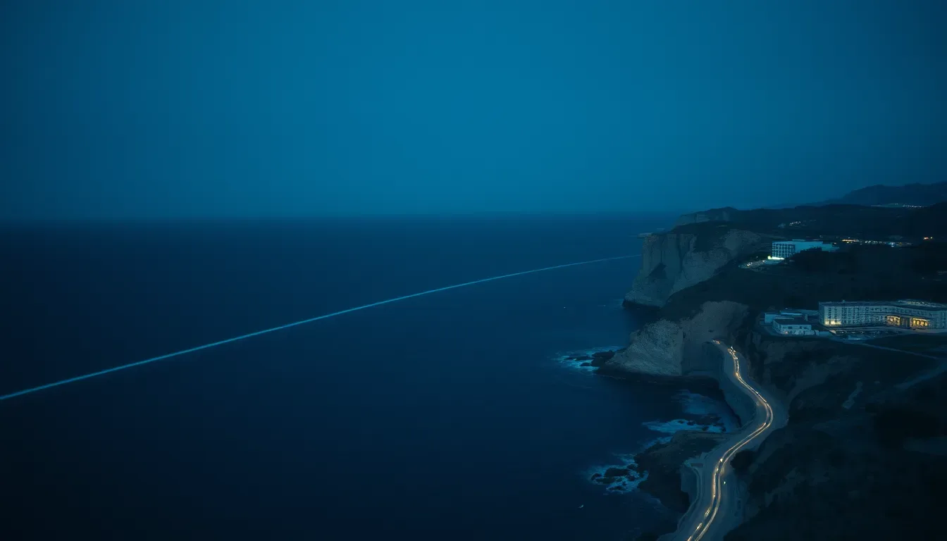An arc of light across a night ocean between two coastlines, illustrating transferring money between the US and UK