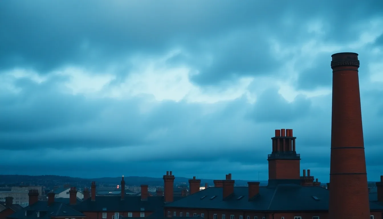 A red brick chimney skyline under heavy cloud, illustrating Capital gains tax on shares for US filers