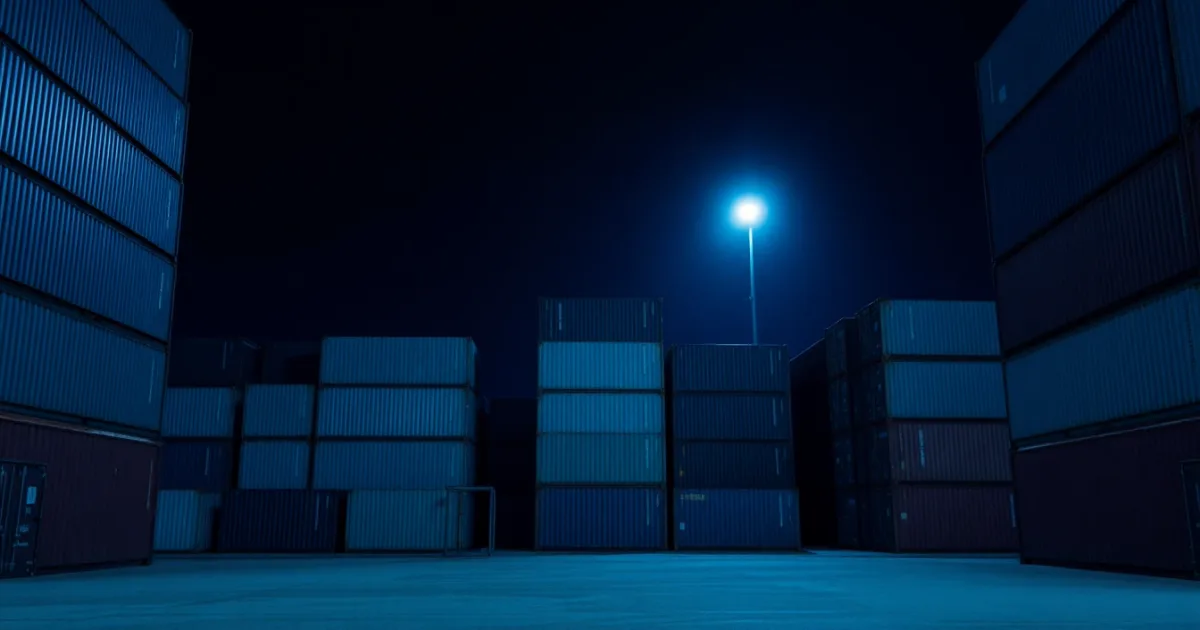 Stacked shipping containers under floodlight at night, illustrating UK limited company for a US owner