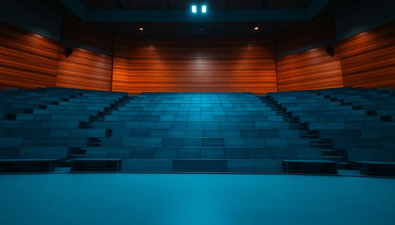 An empty chamber of tiered wooden benches, illustrating Payments on account, explained properly