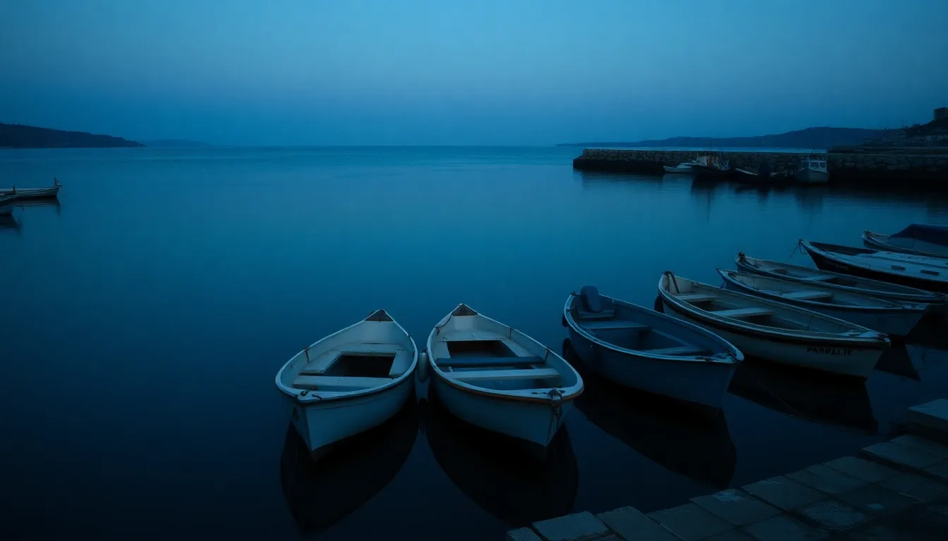 Moored boats on flat water in a quiet harbour at dawn, illustrating UK pension and US Social Security