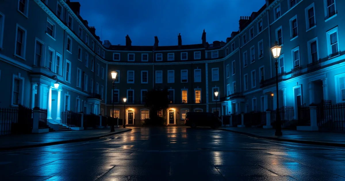 A Georgian London terrace at dusk with rain on the pavement, illustrating UK tax year explained for Americans