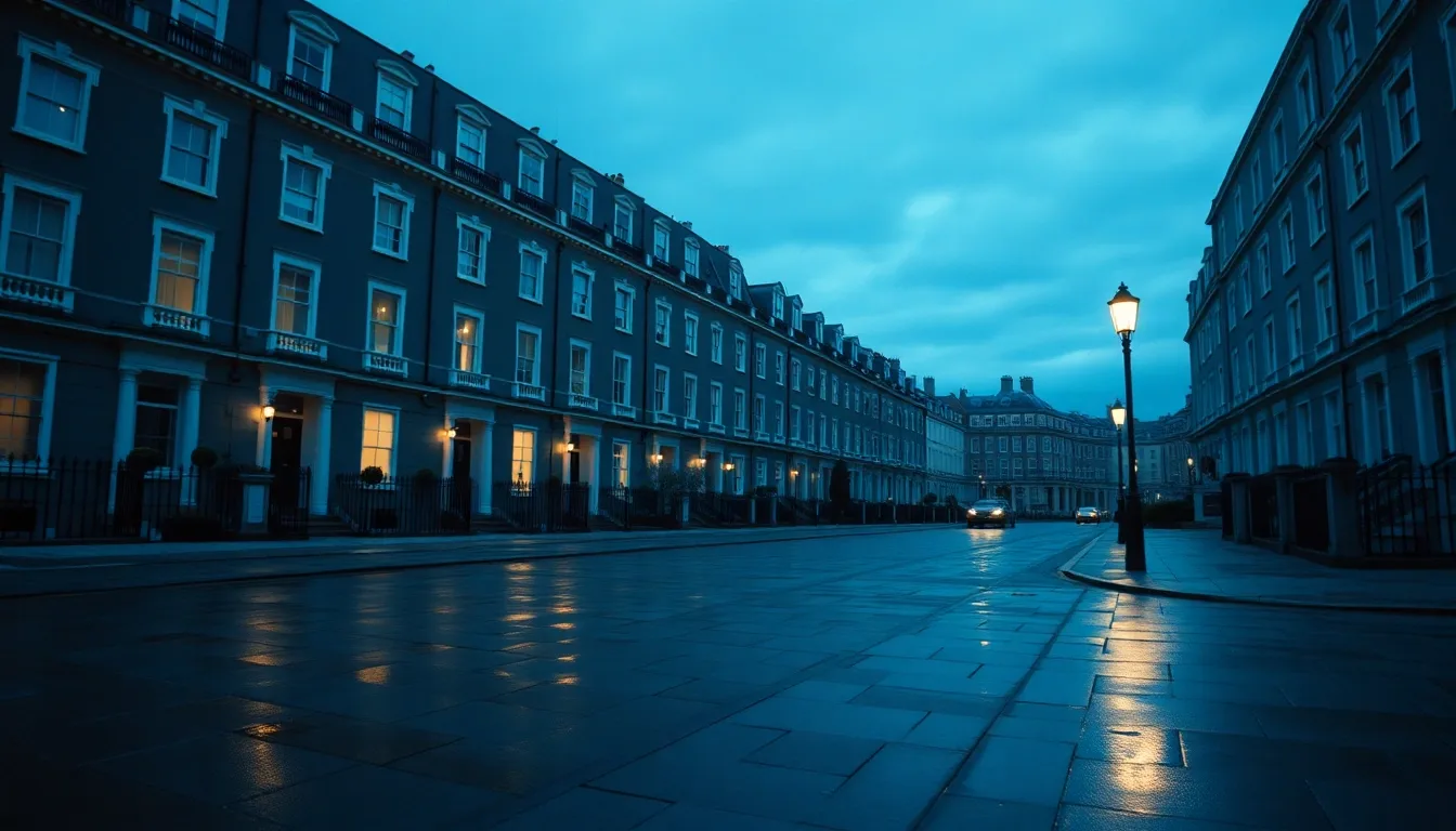 A Georgian London terrace at dusk with rain on the pavement, illustrating UK tax year explained for Americans