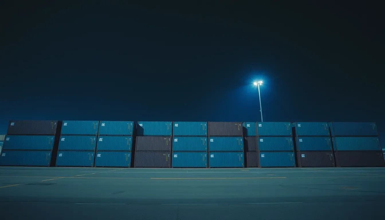 Harbour gantry cranes silhouetted against the night sky, illustrating UK trust with a US beneficiary