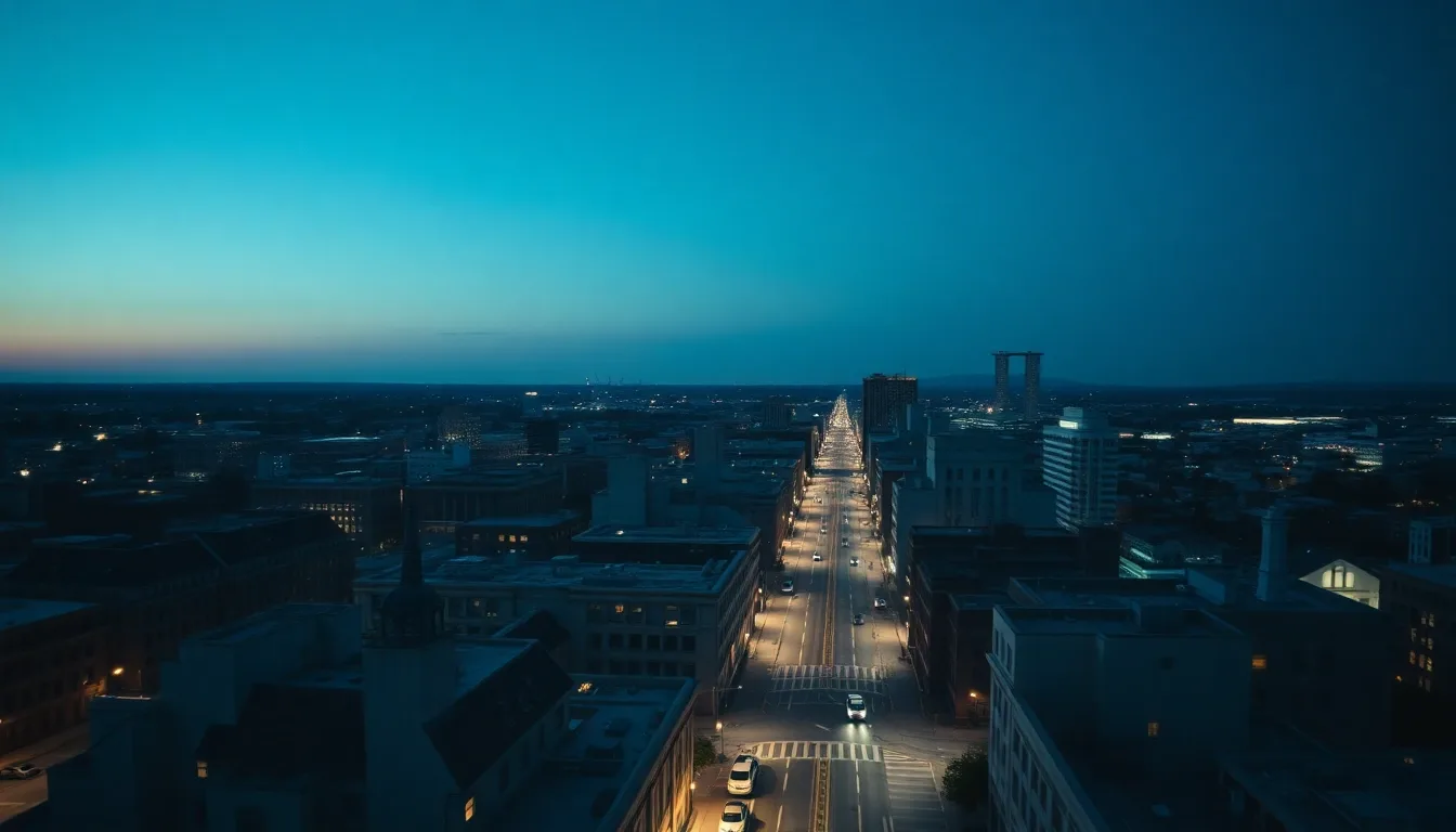 A grid-planned American city seen from above at dusk, illustrating your US citizen child born in Britain