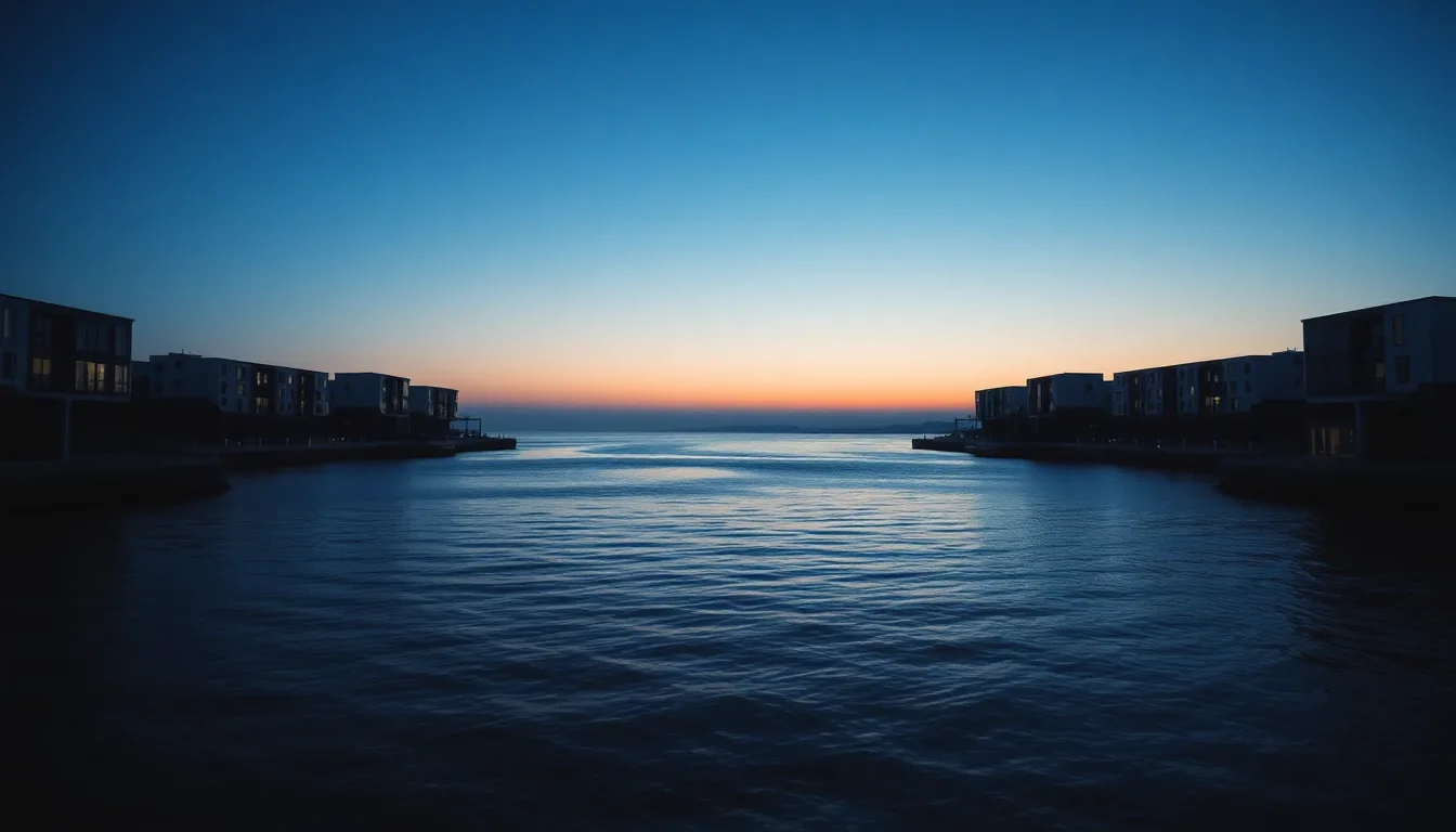 Two coastlines facing each other across a narrow strait, illustrating US compliant investing from the UK
