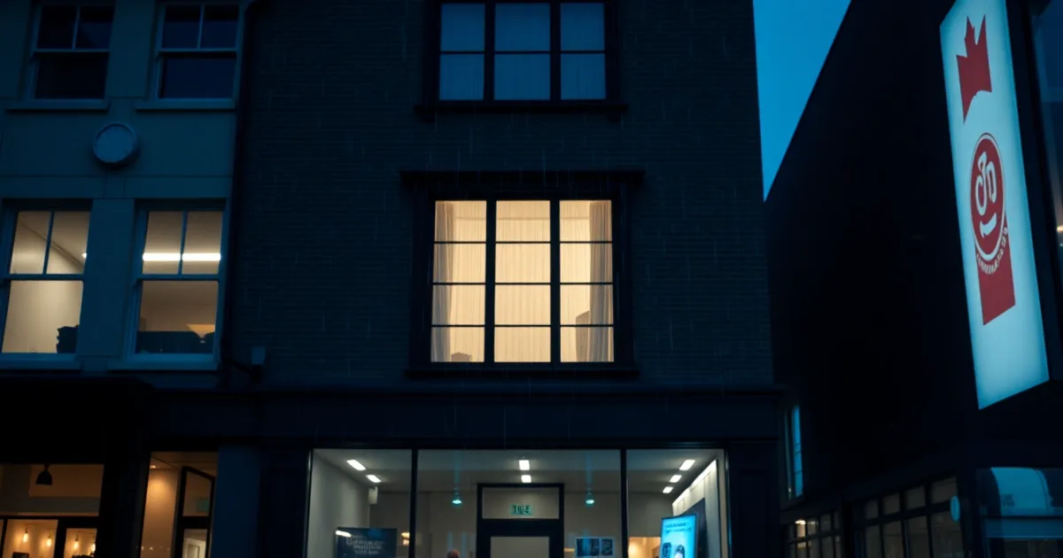 A rain-streaked window above a British high street at night, illustrating UK payroll when your employer is American