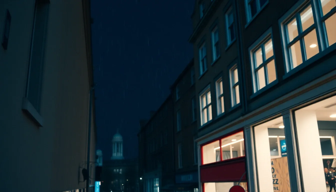 A rain-streaked window above a British high street at night, illustrating UK payroll when your employer is American