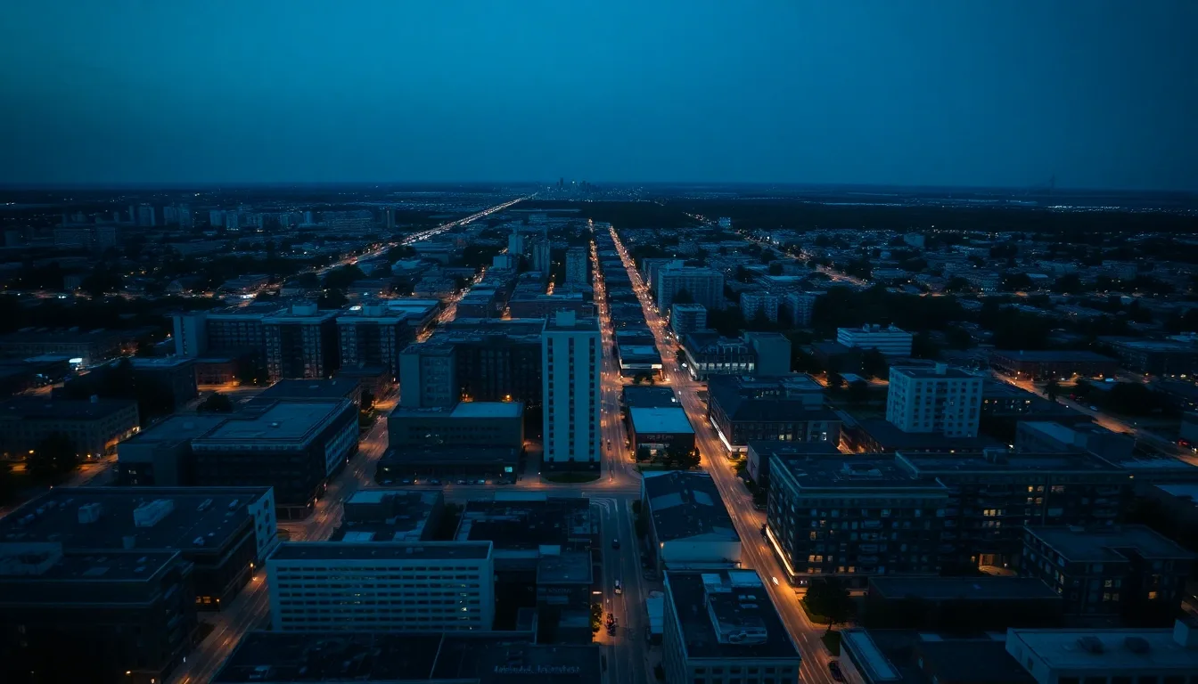 A grid-planned American city seen from above at dusk, illustrating Exit tax: are you a covered expatriate?