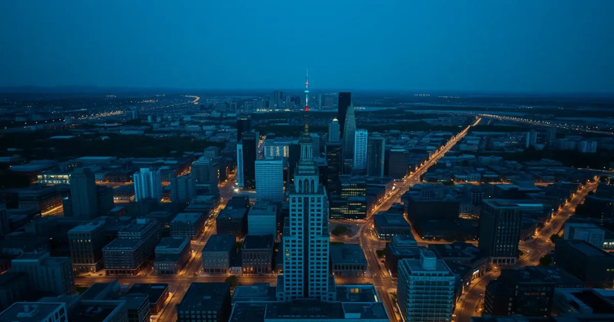 A grid-planned American city seen from above at dusk, illustrating US students in the UK: what to file