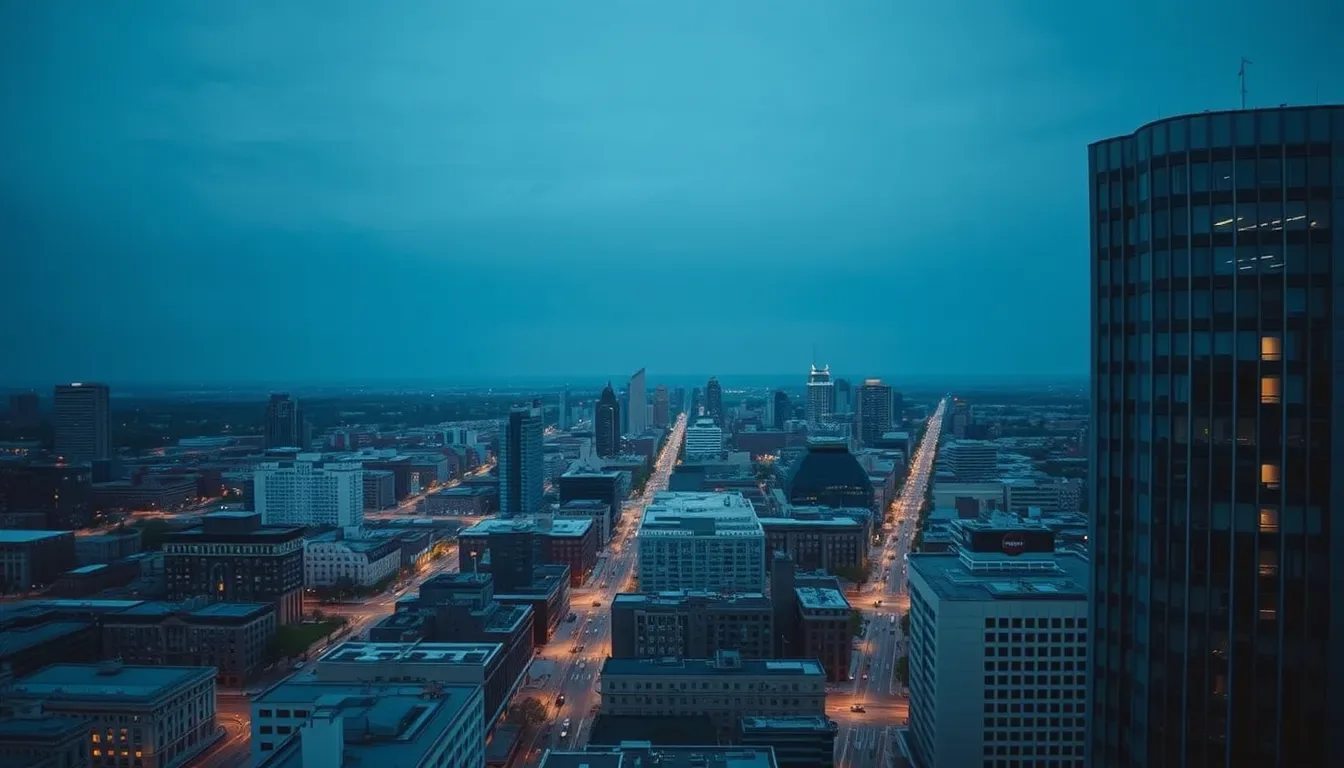 A grid-planned American city seen from above at dusk, illustrating US students in the UK: what to file