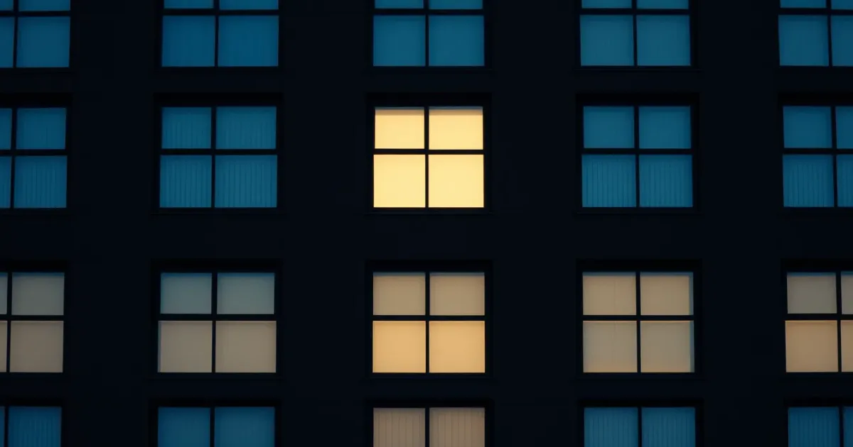 A dark facade of identical windows, a few lit from within, illustrating exchange rate rules for a US tax return