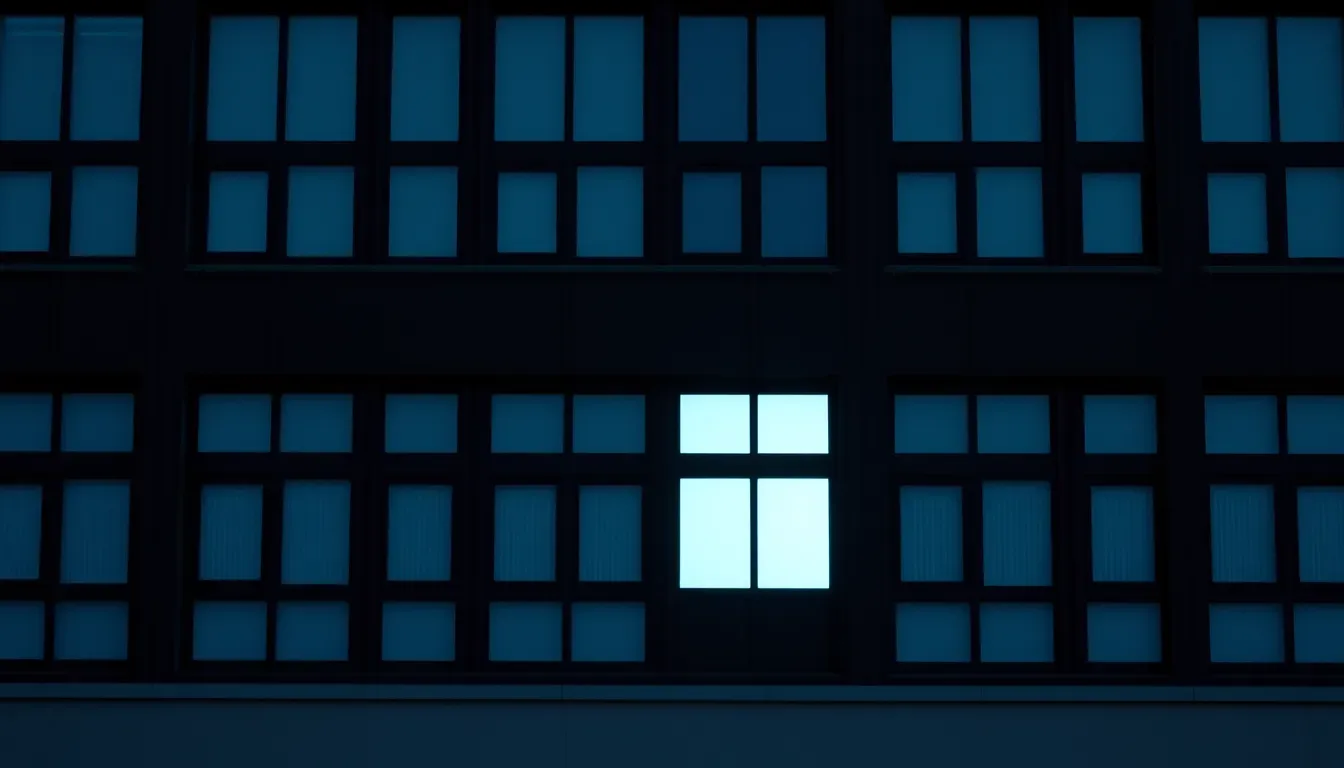 A dark facade of identical windows, a few lit from within, illustrating exchange rate rules for a US tax return