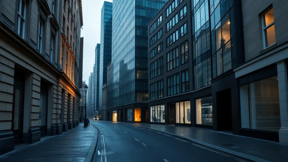 Accountants for US and UK tax — a narrow City of London street at first light, the financial district empty before the working day
