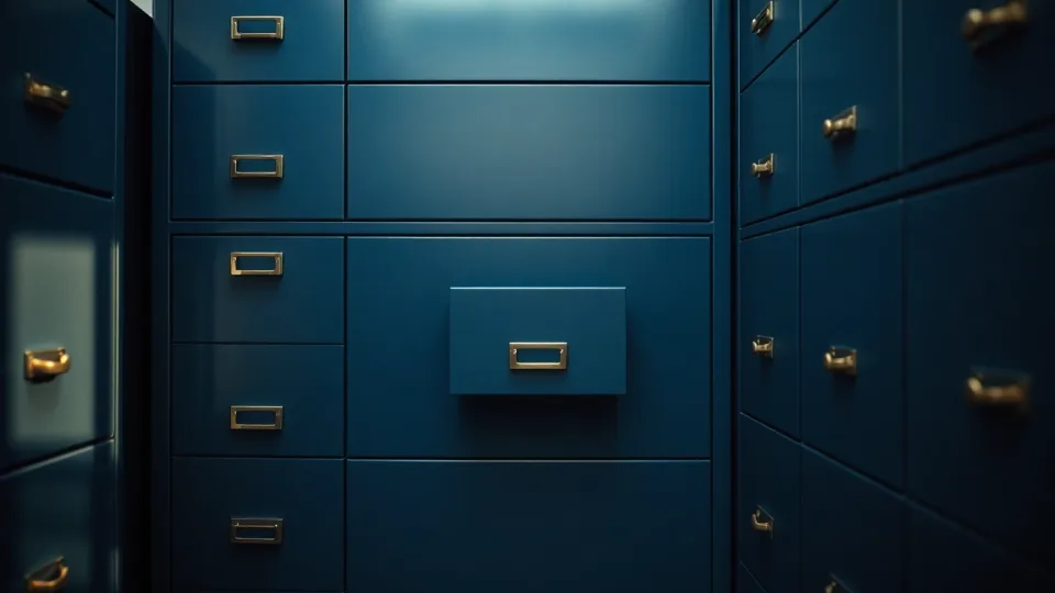 A wall of deep drawer cabinets in a records room with one drawer open, illustrating the Form 8621 reporting that UK unit trusts and OEICs held inside an ISA create for a US taxpayer
