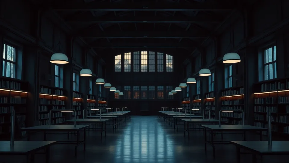 Tax specialists for US and UK returns — a long archive reading room at dusk, empty reading tables set out for working through records